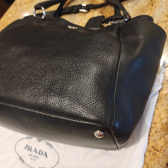 Prada Vitello Daino silver trim side pocket black Leather satchel crossbody tote - Picture 11 of 16